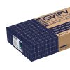 Compact, long open empty cardboard box with blank label, on a so