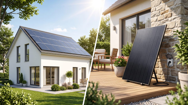 Maison avec panneaux solaires sur le toit et un panneau solaire sur prise dans le jardin