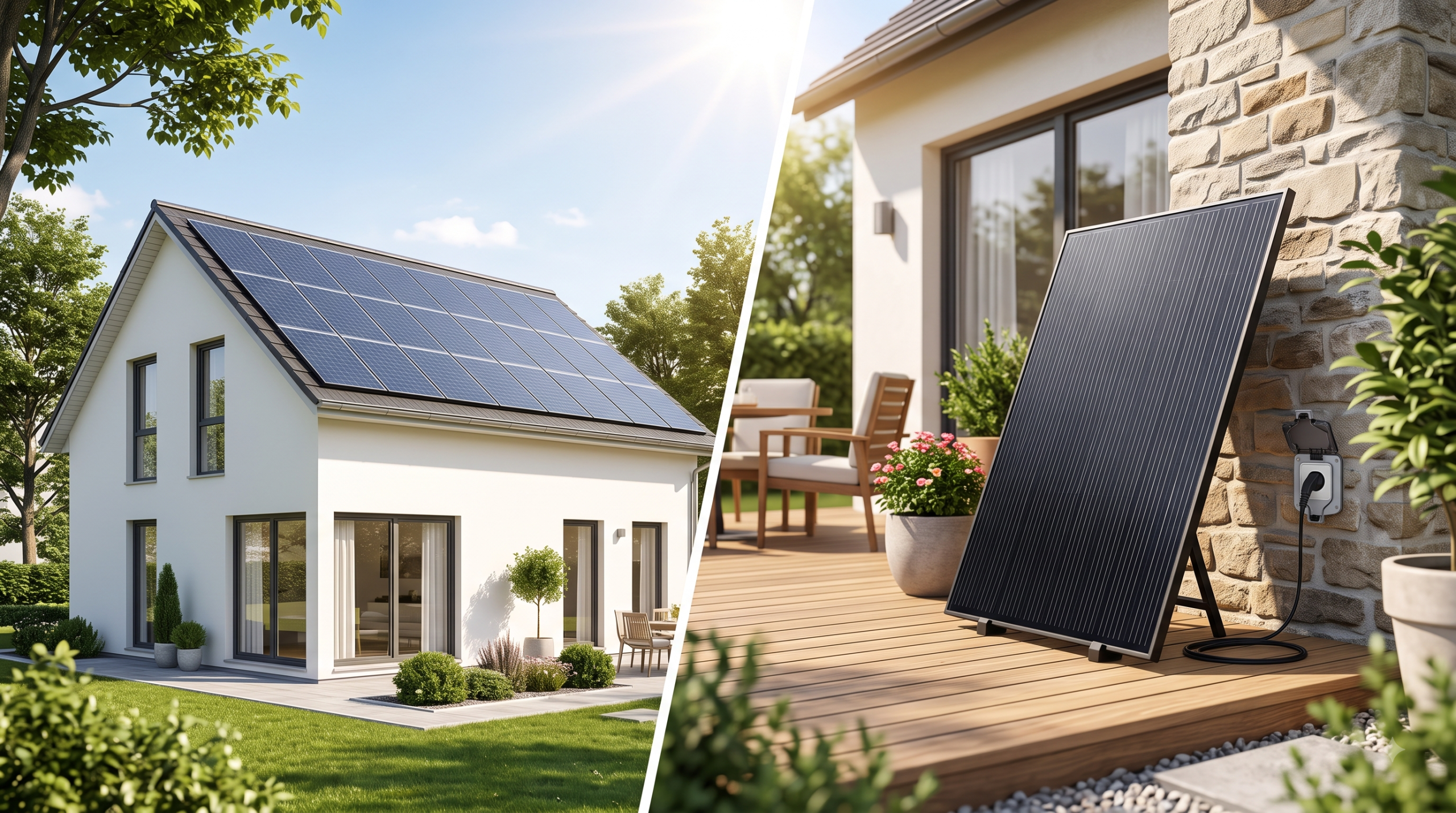 Maison avec panneaux solaires sur le toit et un panneau solaire sur prise dans le jardin