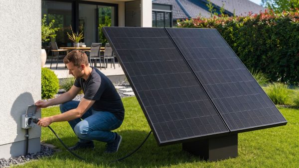 Panneau solaire Plug and Play installé en terrasse et branché directement sur une prise murale extérieure